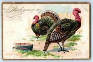 1908 Thanksgiving Day Turkeys RJ Wealthy Signed Artist Embossed Antique Postcard