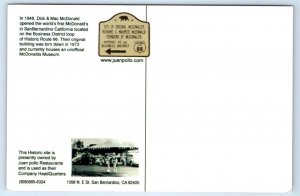 SAN BERNARDINO, CA ~ World's First MCDONALD'S Restaurant 4x6 Roadside Postcard