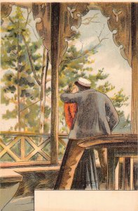 Love Romance Couple Kissing in Bandstand Forest vintage postcard C327