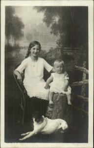 Children & Dog Jack Russell Terrier? Studio Props Real Photo Postcard c1910