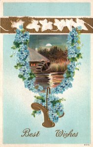 Vintage Postcard 1920's Best Wishes Greetings Blue Flowers Basket Nature Scene
