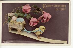 EASTER   CHICK pulls SMALL WAGON / ROSES  1909 postcard