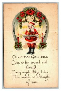 Vintage 1910's Christmas Postcard Santa with Turkey Giant Silver Horseshoe Clock