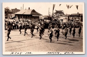 J87/ Akron Ohio RPPC Postcard c1920s AC&Y Trolley Depot Band Parade  178