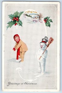 Signed Artist Postcard Christmas Greetings Boy Snowball Snowman Broom Winter