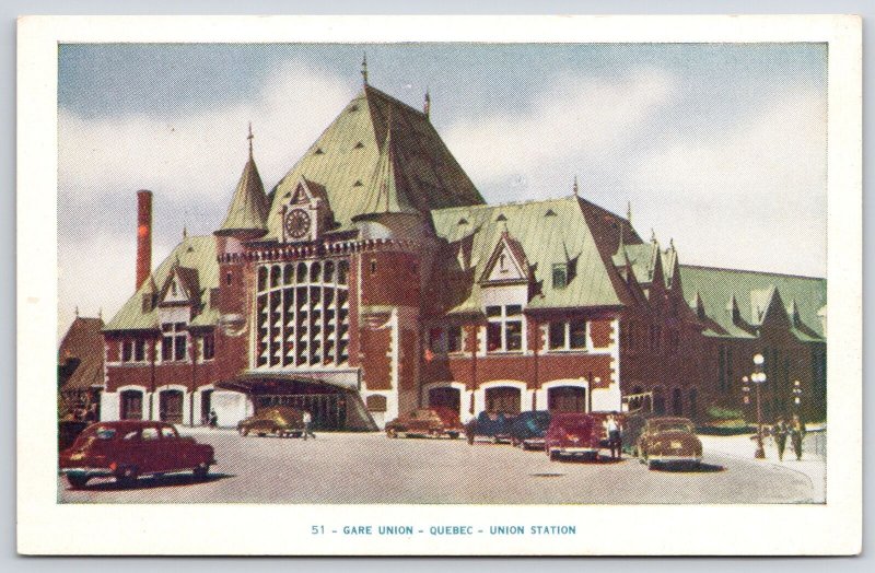 Gare Union Quebec, Union Station Front Building Cars Roadway View Postcard