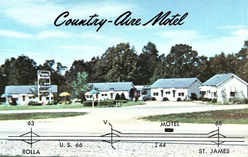 1950s ROLLA ST JAMES MISSOURI COUNTRY-AIRE MOTEL US 66 & 44 MAP POSTCARD P1075