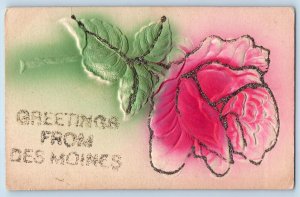 Des Moines Iowa IA Postcard Greetings Embossed Flower Airbrushed c1910s Antique
