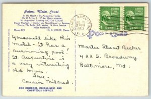 Palms Motor Court  St. Augustine  Florida  1953      Postcard