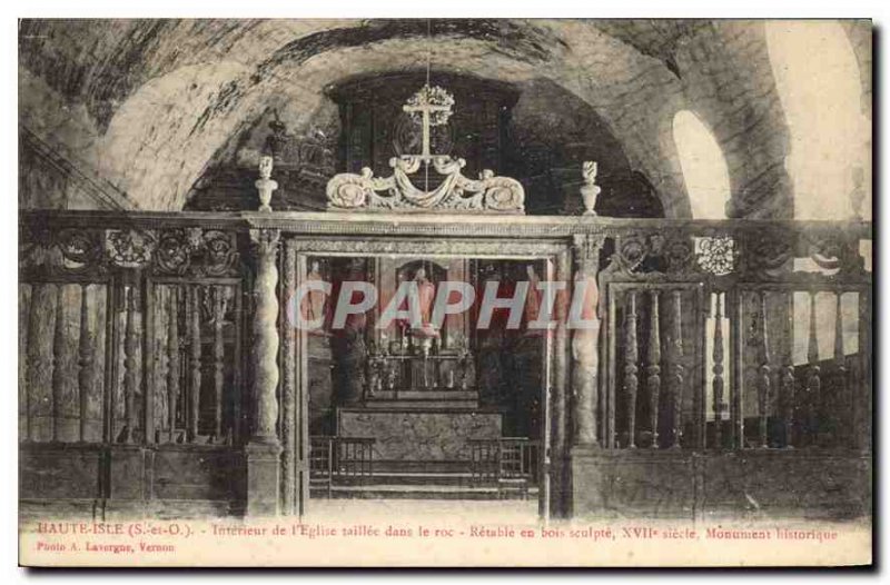 Old Postcard Haute Isle S and O Interior of the Church in the rock taillee