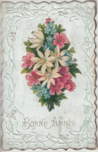 New Year floral handmade paper cut chromo greetings postcard France 