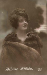 Bonne Annee Beautiful Woman in Fur Tinted Real Photo Vintage Postcard