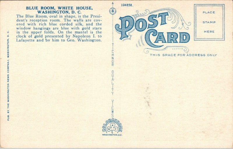 Vtg 1920s Blue Room White House Washington DC Postcard