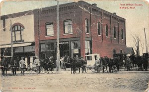 J4/ Marion Michigan Postcard c1910 Post Office Block Stores Delivery Wagons 65