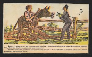 VICTORIAN TRADE CARD Kendalls Spavin Cure Dandy, Farmer & Donkey at Fence