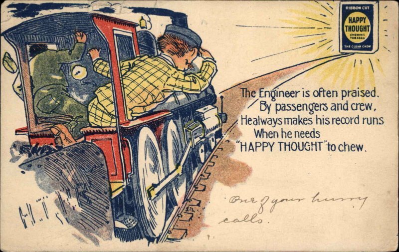 Happy Thought Chewing Tobacco Railroad Train Ad Advertising Pre-1910 Postcard