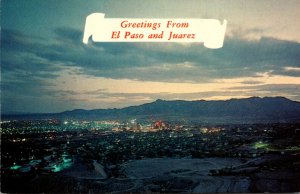 Texas Greetings From El Paso and Juarez Night From From Scenic Drive At Mount...
