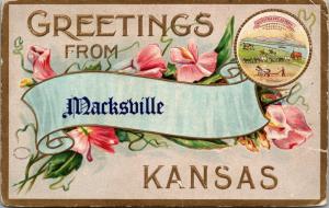 Macksville Kansas~Banner Scroll Greetings~Pink Flowers~State Seal~Embossed~1911 