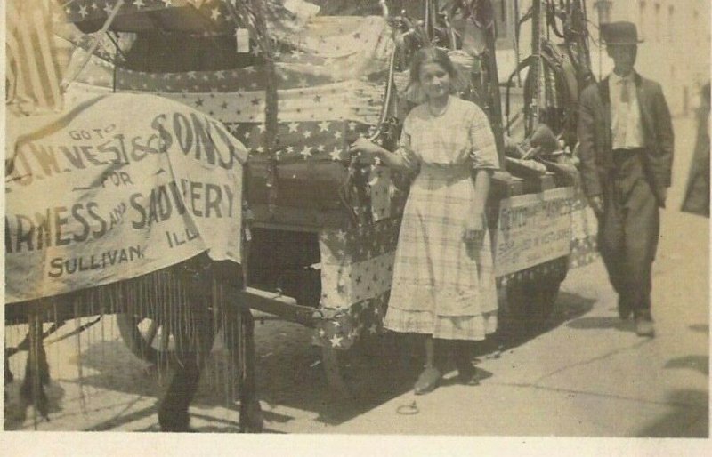 O W West & Sons Saddlery Horse Drawn Float, Sullivan, IL RPPC Double Exposure 