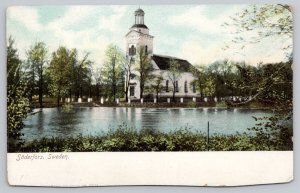 Postcard Söderfors Sweden Church Trees River Reflection 1900s View