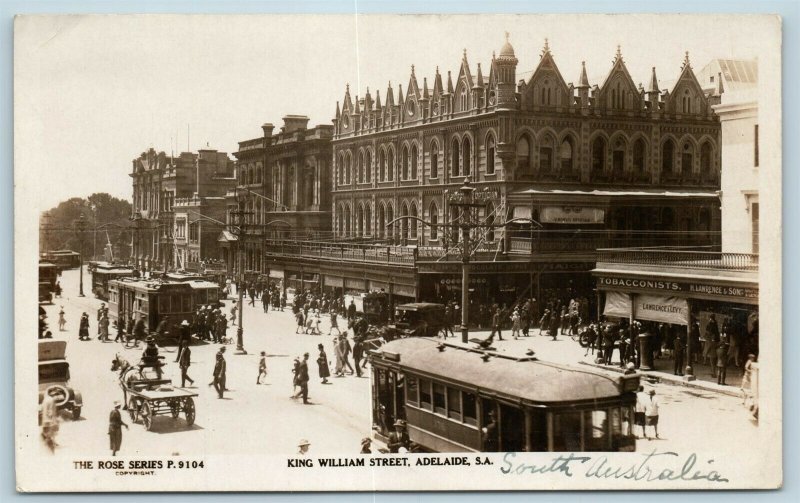 Postcard Southern Australia Adelaide King William Street Trolley Cars RPPC AD6