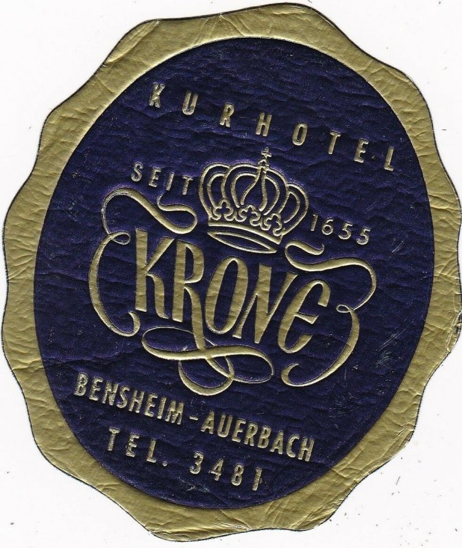 Germany Bensheim Auerbach Kurhotel Krone Vintage Luggage Label sk3208