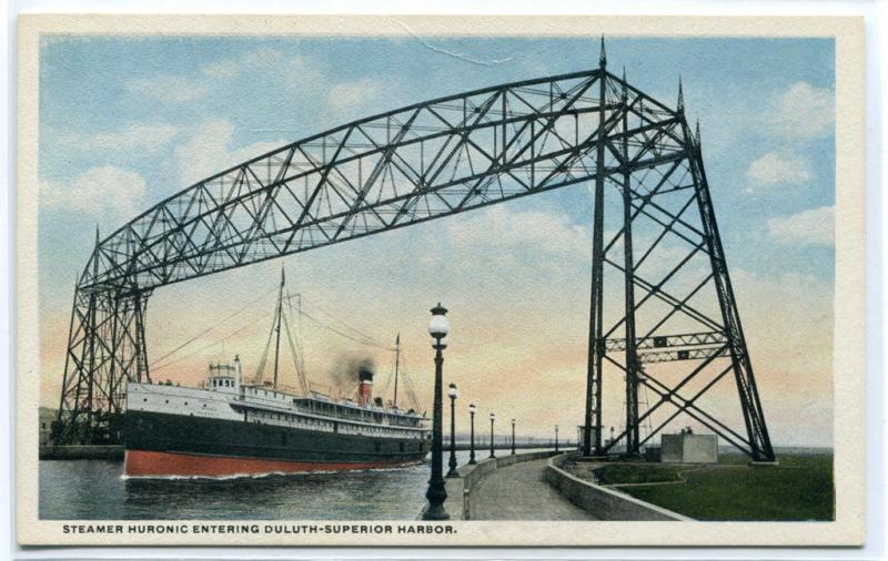 Steamer Huronic Lift Bridge Duluth Superior Harbor Minnesota 1920s postcard