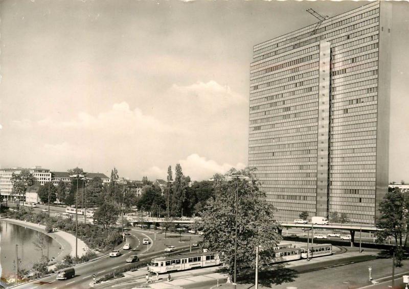 Jan Wellem-Platz mit Thyssen-Haus DUSSELDORF Germany RPPC 1960's Postcard