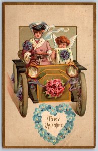 Vtg To My Valentine Victorian Lady Driving Car Cupid Hand Muff 1910s Postcard