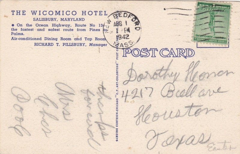 Maryland Salisbury Wicomico Hotel 1942 Curteich sk6317