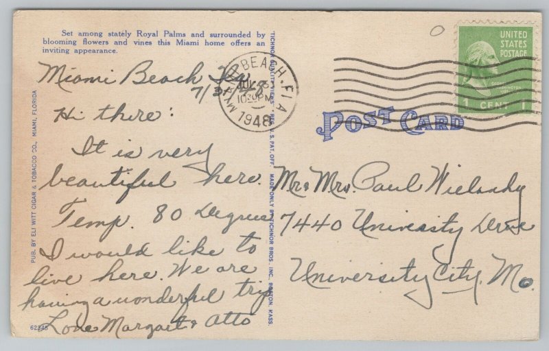 Miami Florida~Beautiful Miami Home Front View~Vintage Postcard
