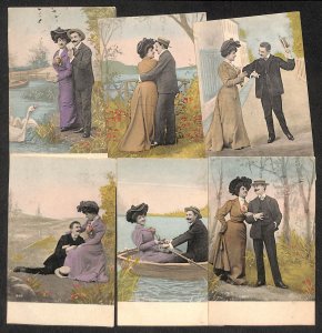 Set of 6 old postcards romantic lovers romance couple love idyll gallantry 1905