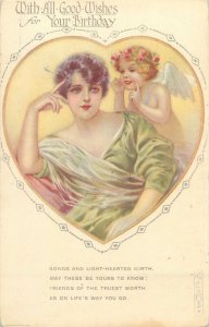 E. Colombo artist postcard beauty drawn lady love cupid angel Birthday fantasy