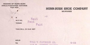 1939 NUNN-BUSH SHOE CO MILWAUKEE WALLS CLOTHING ORRVILLE  BILLHEAD INVOICE Z305