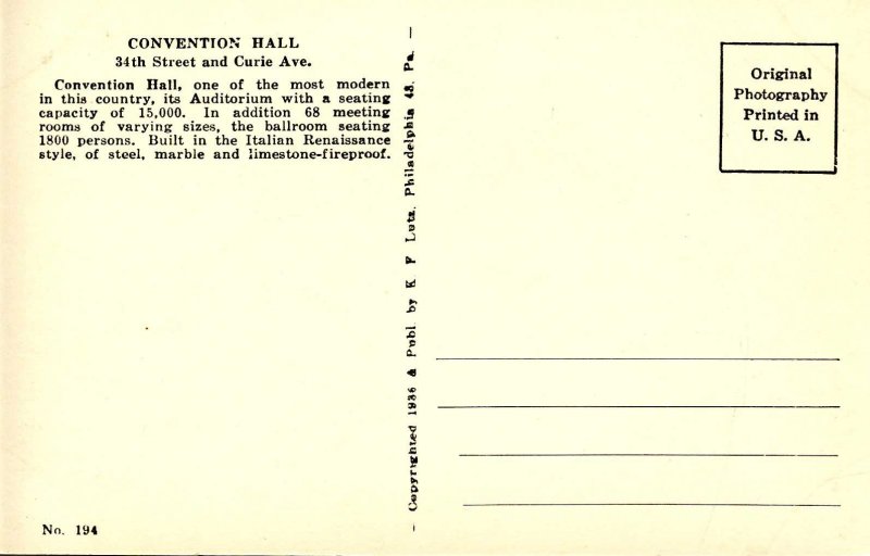 PA - Philadelphia. Convention Hall     *RPPC