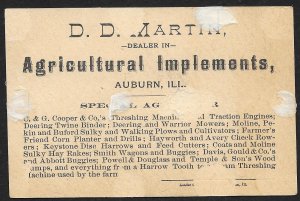 VICTORIAN TRADE CARD Martin Agricultural Implements Cats Fighting Over Garden