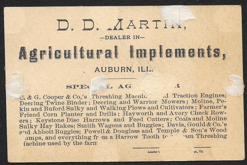 VICTORIAN TRADE CARD Martin Agricultural Implements Cats Fighting Over Garden