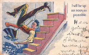 Vintage Postcard 1907 I Will Be Up As Soon As Possible Funny Man Slid On Stairs