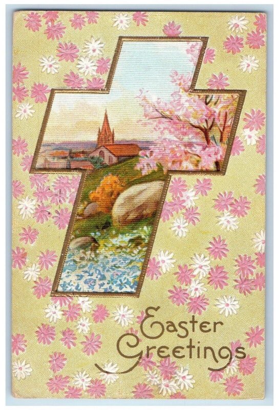 1915 Easter Greetings Holy Cross Flowers Embossed Providence RI Antique Postcard 