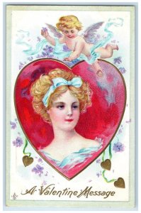 c1910's Valentine Message Pretty Woman Heart Cupid Angel Embossed Postcard