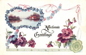 Vintage Postcard Affectionate Greetings River Landscape Violet Petals Outline