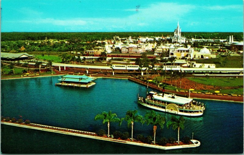 Vtg Chrome Postcard Walt Disney World 1970s Magic Kingdom Aerial Monorail Castle