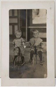 Brown City Mich RPPC Two Boys Riding Velocipede Bicycles c1913 Photo Postcard C7