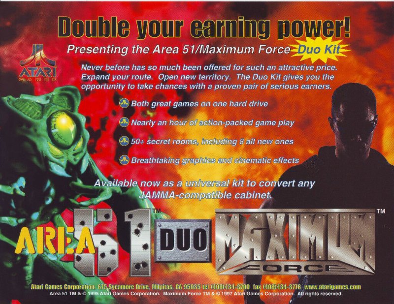 Area 51 Duo Maximum Force Arcade Flyer Original NOS Video Game Artwork 