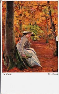 Artist Signed E. Cucuel Im Walde Lady in the Woods Vintage Postcard C217