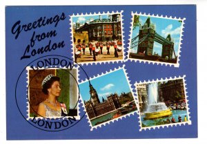 Greetings fron London, Queen Elizabeth II and City on Stamp Like Images