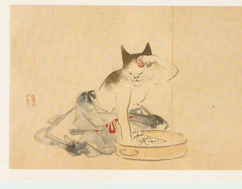 Cat Bathing, byn Hiroshige Fine art, painting modern American PC. Size 16,5
