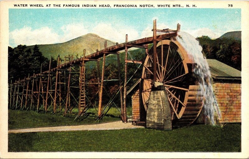 Water Wheel Famous Indian Head Franconia Notch White Mountains NH WB Postcard 