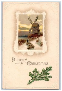 Christmas Postcard Windmill Pine Leaf Embossed Guilford New York NY 1913 Antique