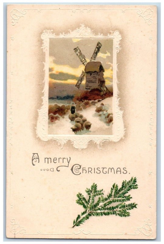 Christmas Postcard Windmill Pine Leaf Embossed Guilford New York NY 1913 Antique